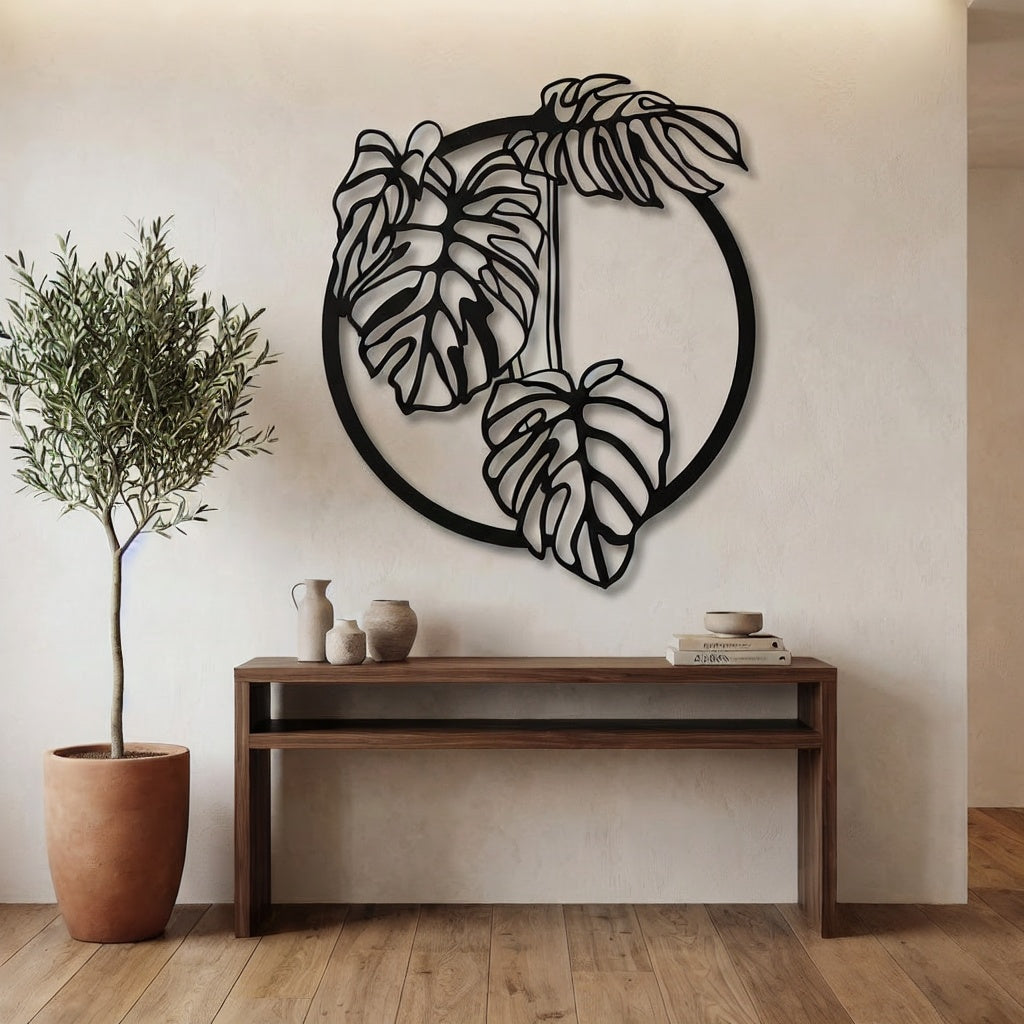 Tropical Monstera Deliciosa Leaf Circular Metal Wall Art