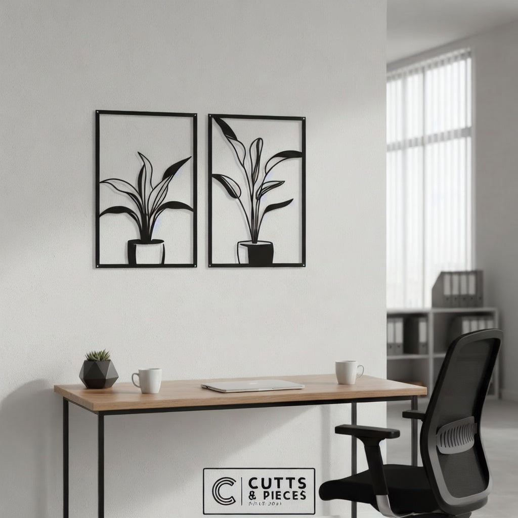Minimalist Potted Plant Duo Metal Wall Art Panels