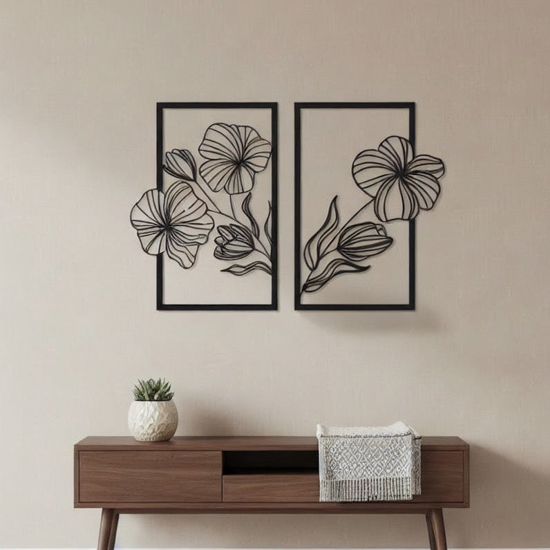 Elegant Floral Duo Metal Strip Wall Art