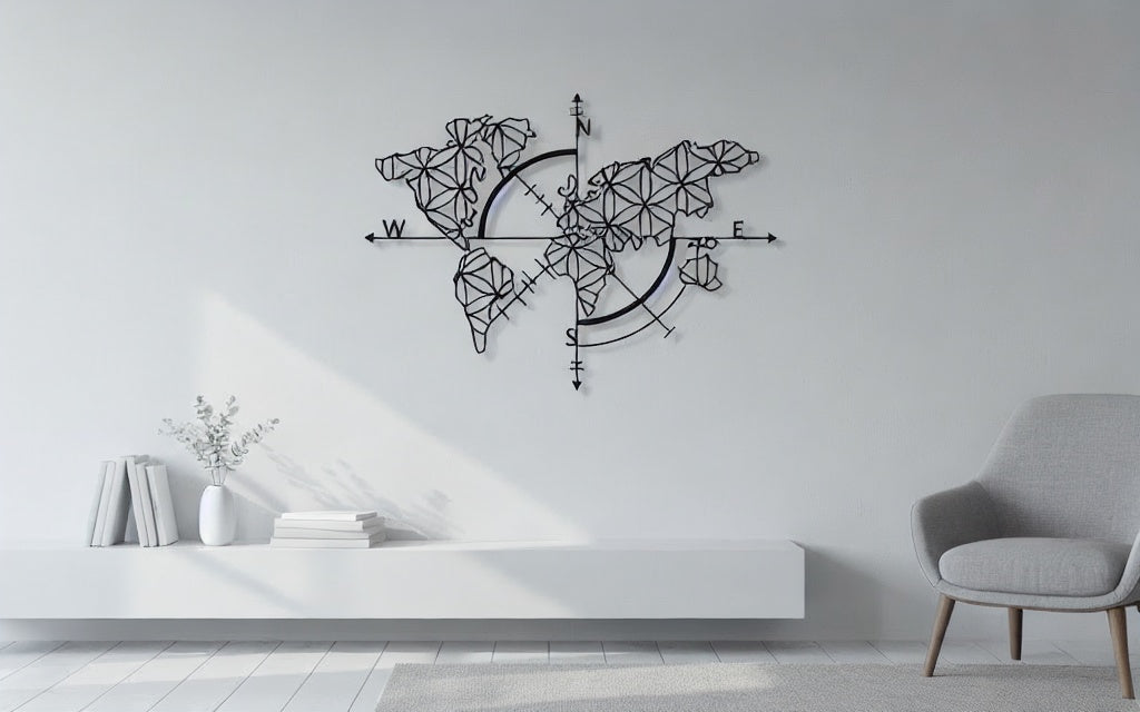 Geometric Compass World Map Metal Wall Art