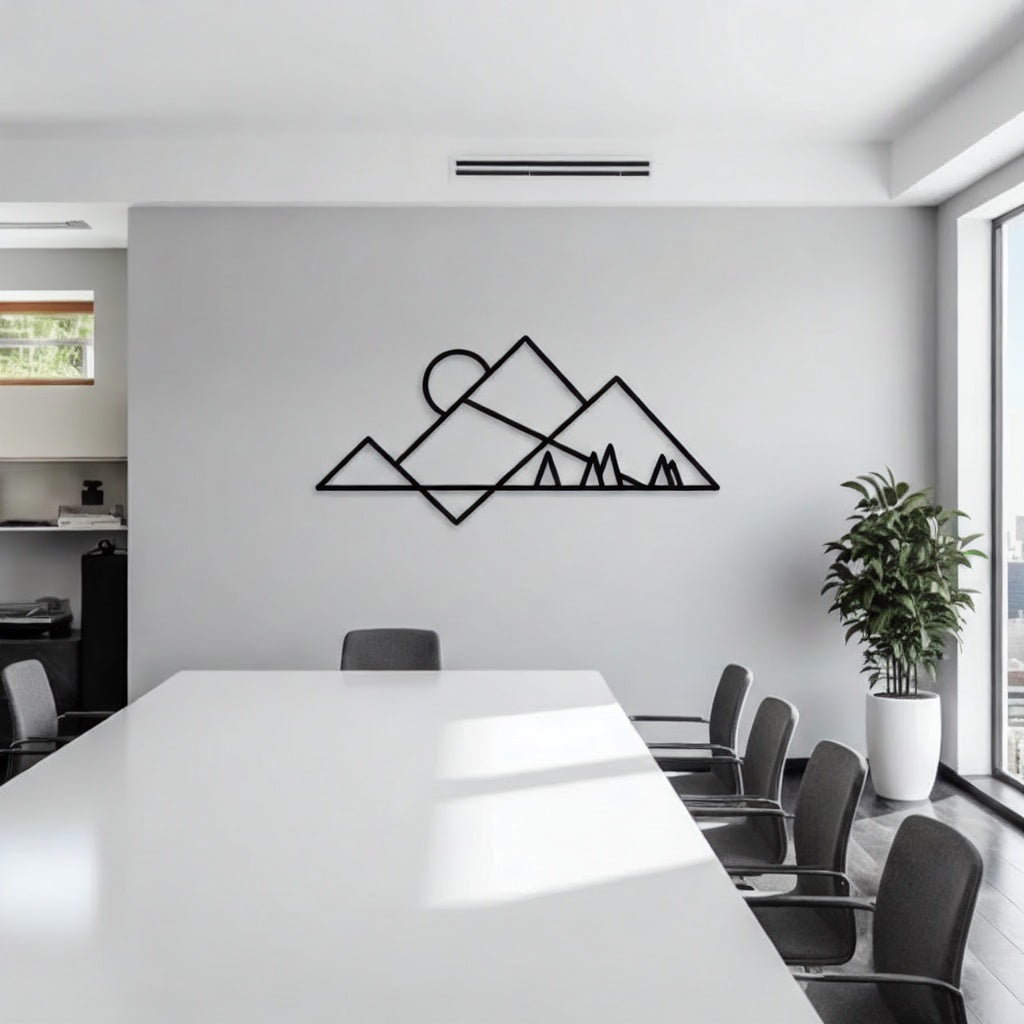 Minimalist Mountain Peaks and Sun Metal Wall Art