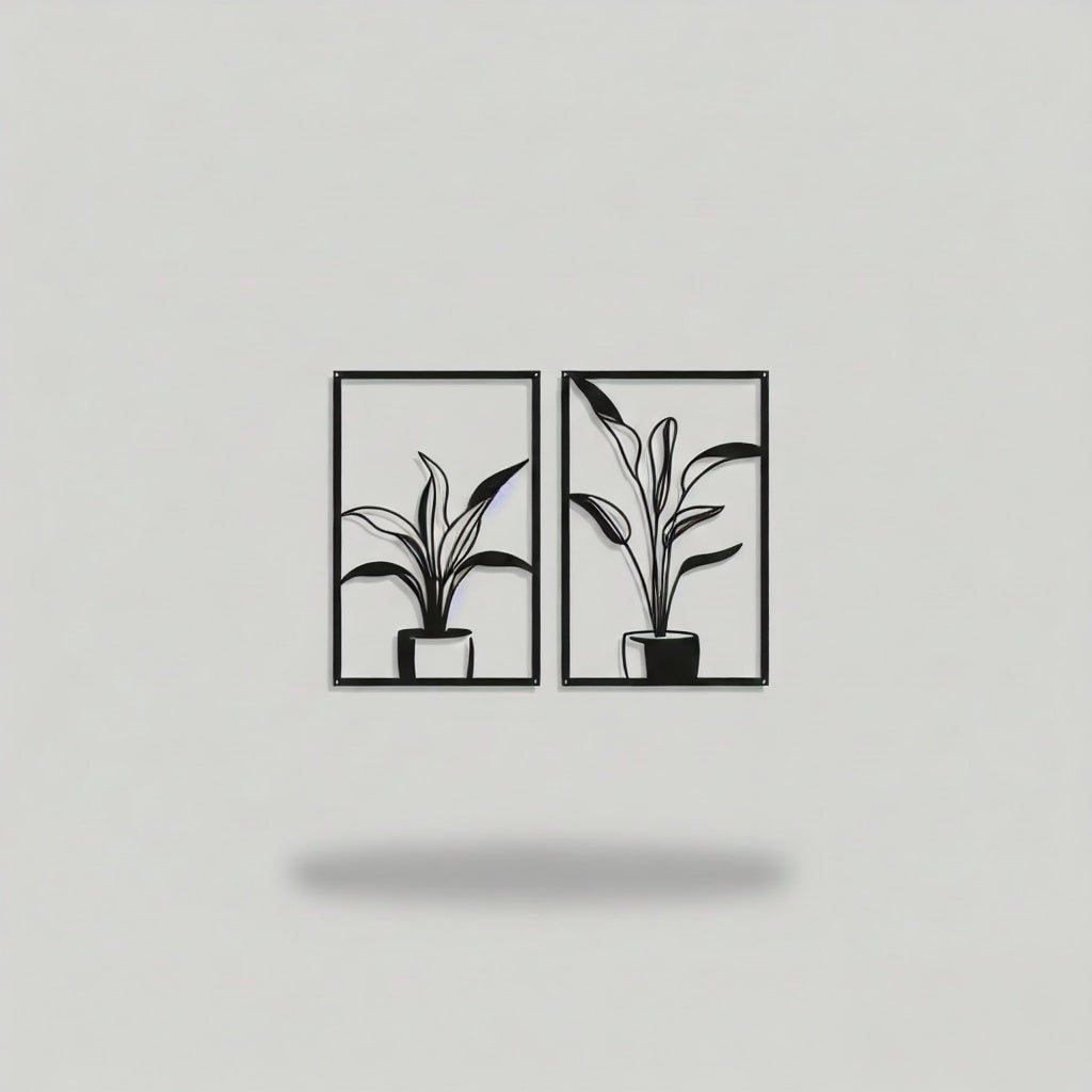 Minimalist Potted Plant Duo Metal Wall Art Panels