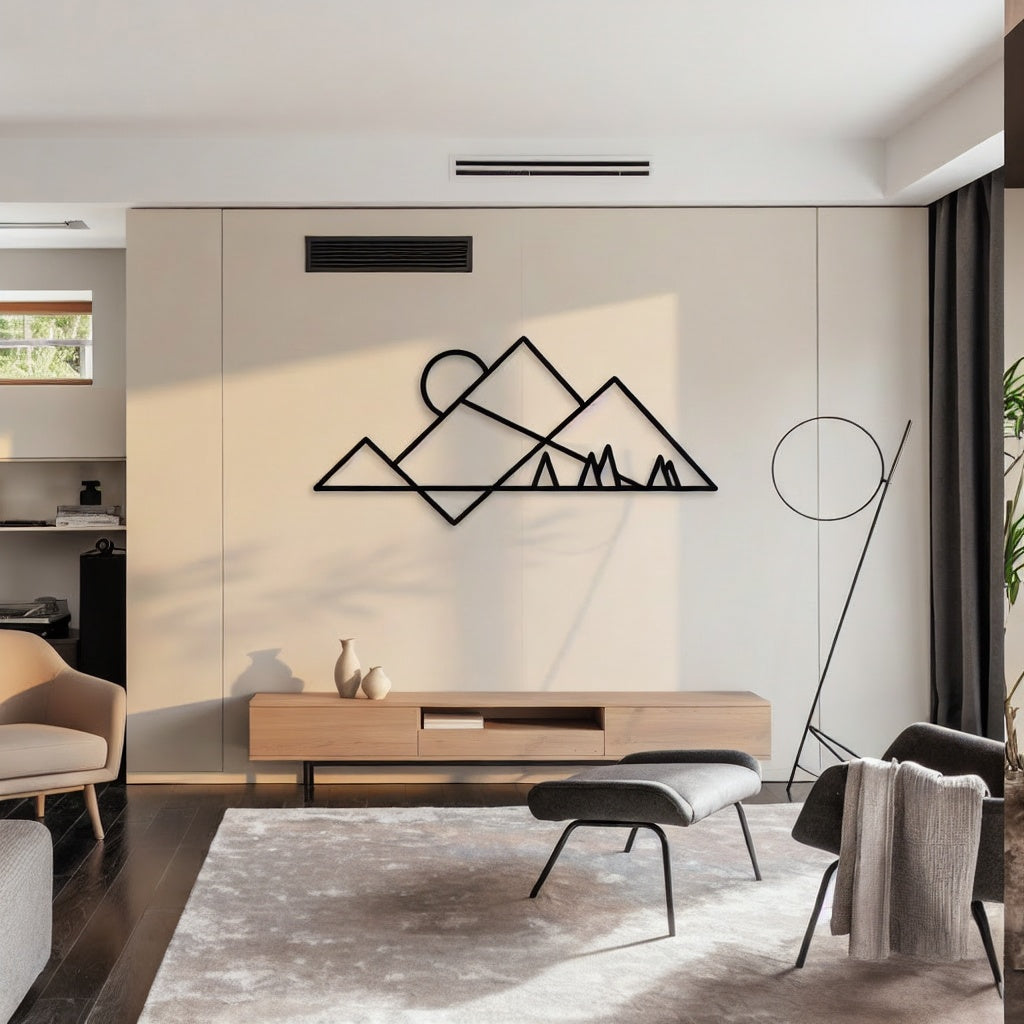 Minimalist Mountain Peaks and Sun Metal Wall Art
