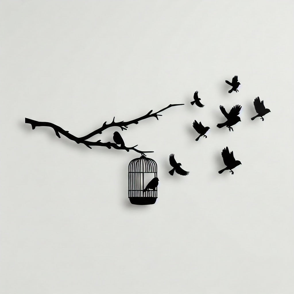 Birds on Branch with Cage Metal Wall Art