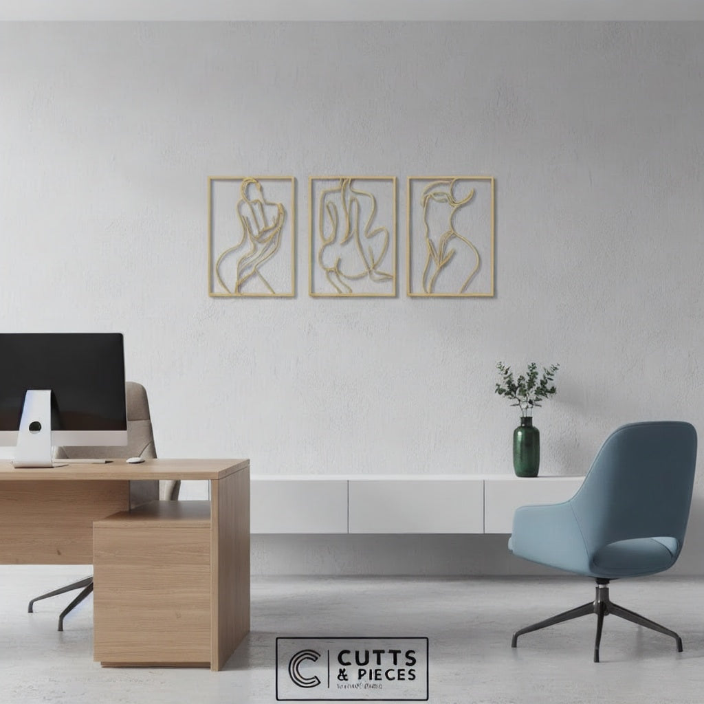 Minimalist Abstract Nude Female Form Metal Wall Art Triptych