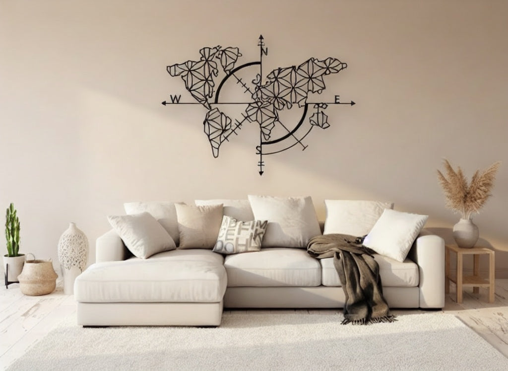 Geometric Compass World Map Metal Wall Art