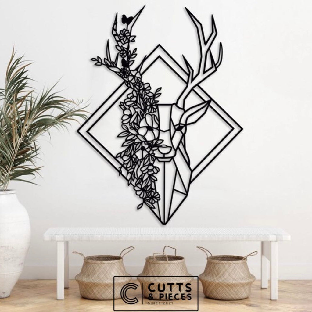 Geometric Deer Metal Wall Art with Floral Design