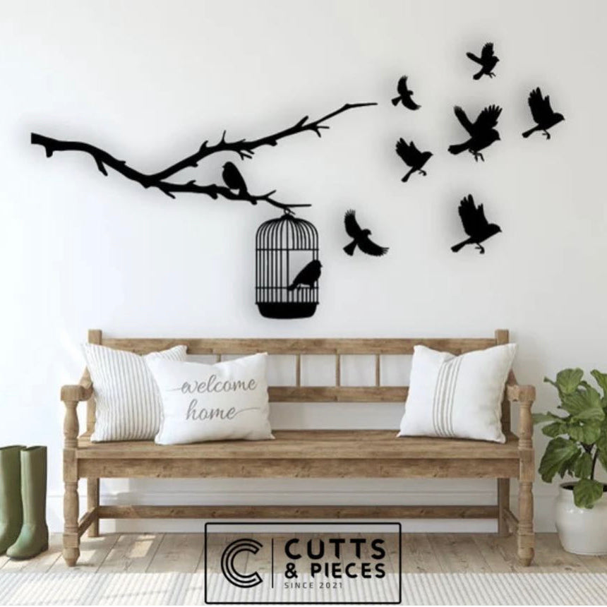 Bird Silhouette Wall Art with Branch and Cage