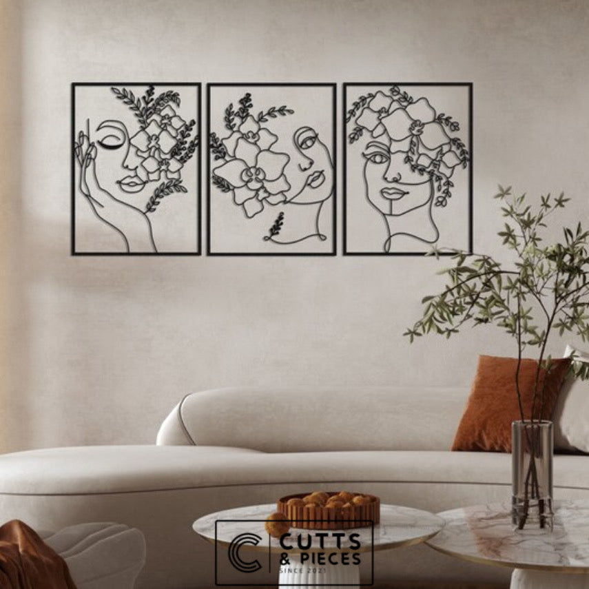 Floral Line Art Metal Wall Decor Set