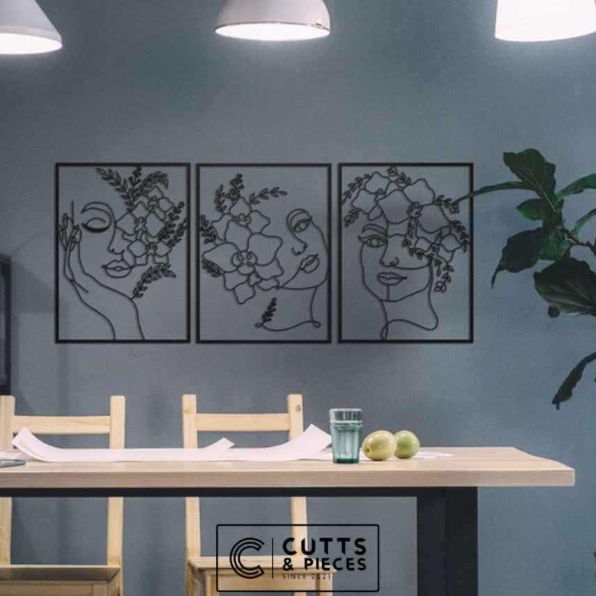 Floral Line Art Metal Wall Decor Set