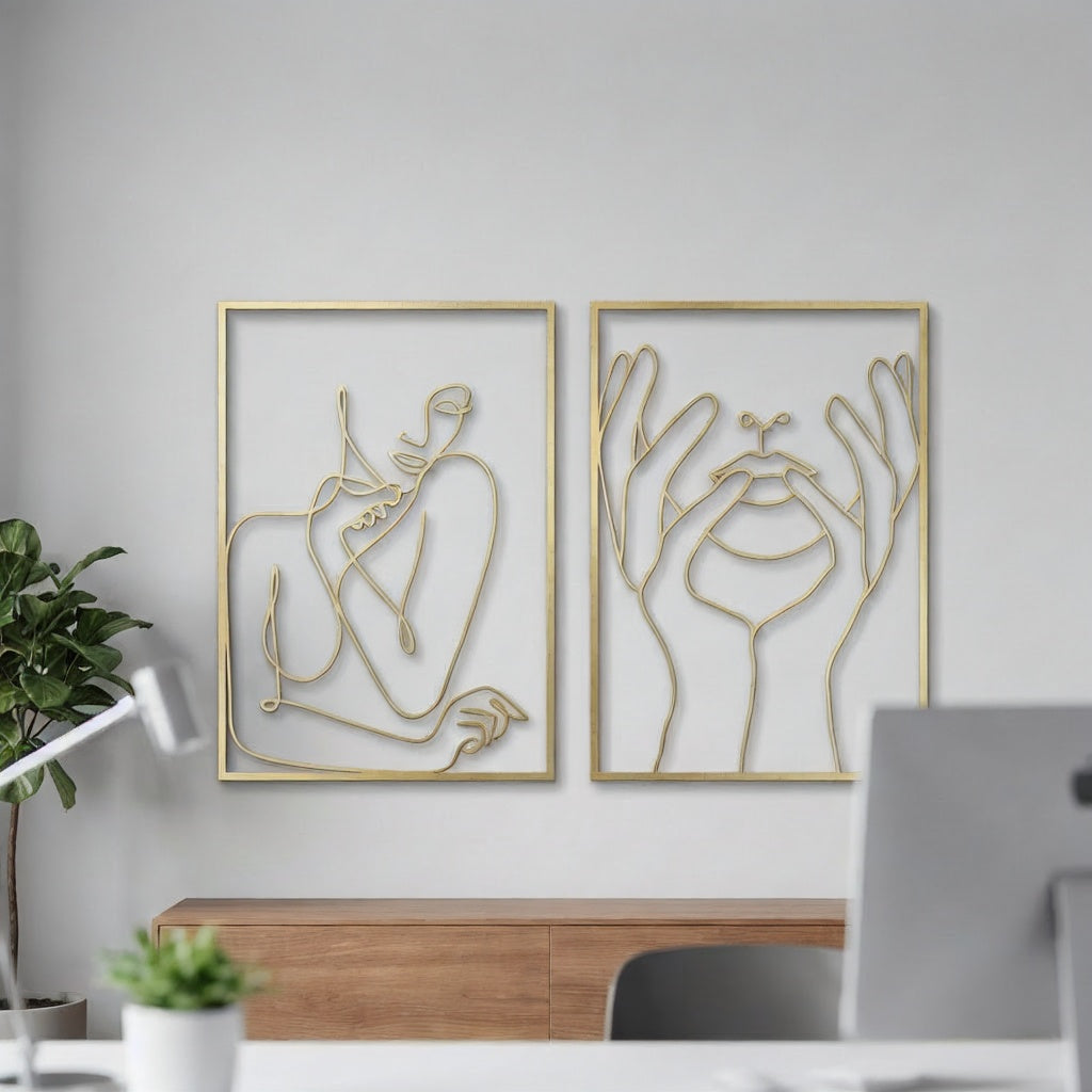 Minimalist One-Line Art Lips and Hands Metal Wall Decor Set