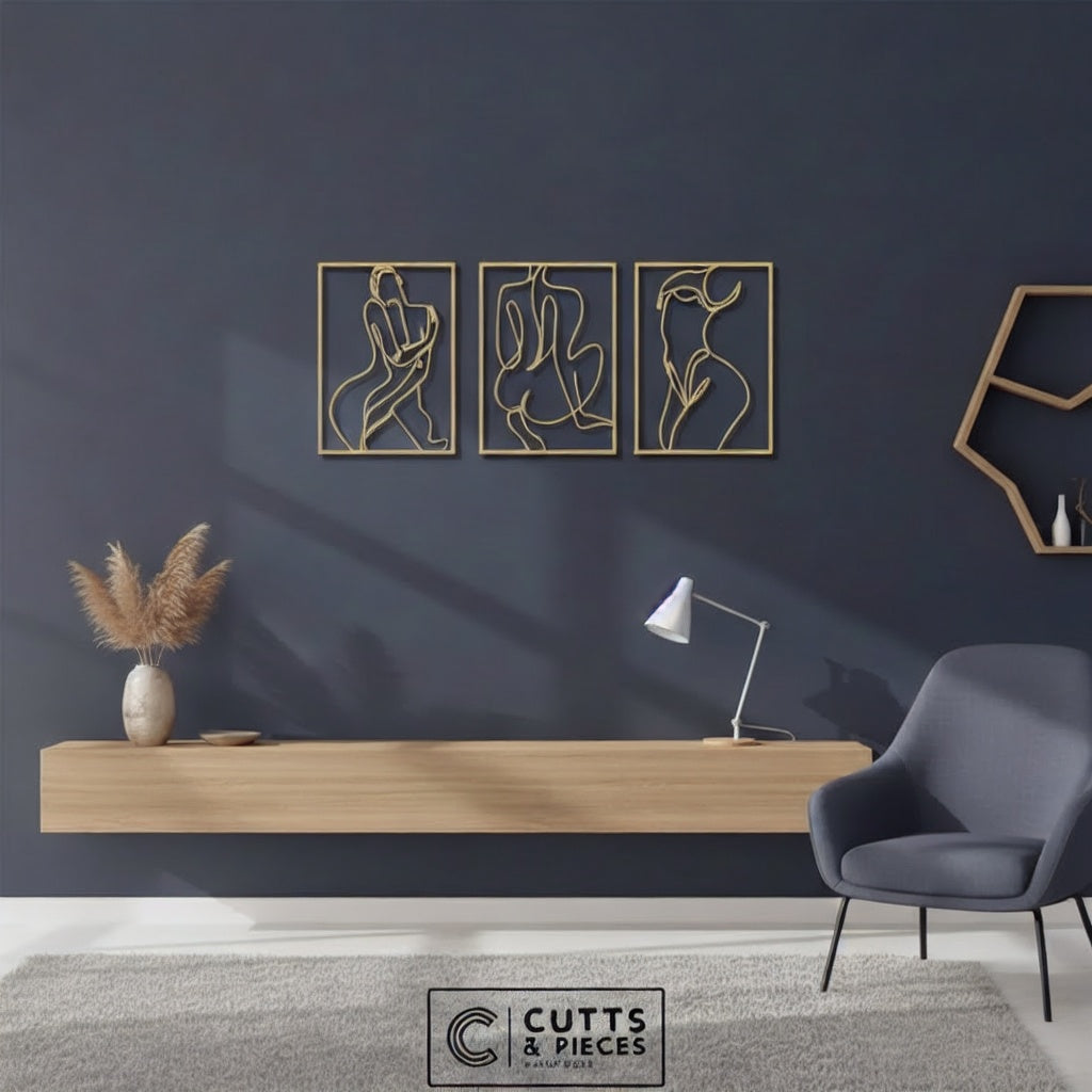 Minimalist Abstract Nude Female Form Metal Wall Art Triptych