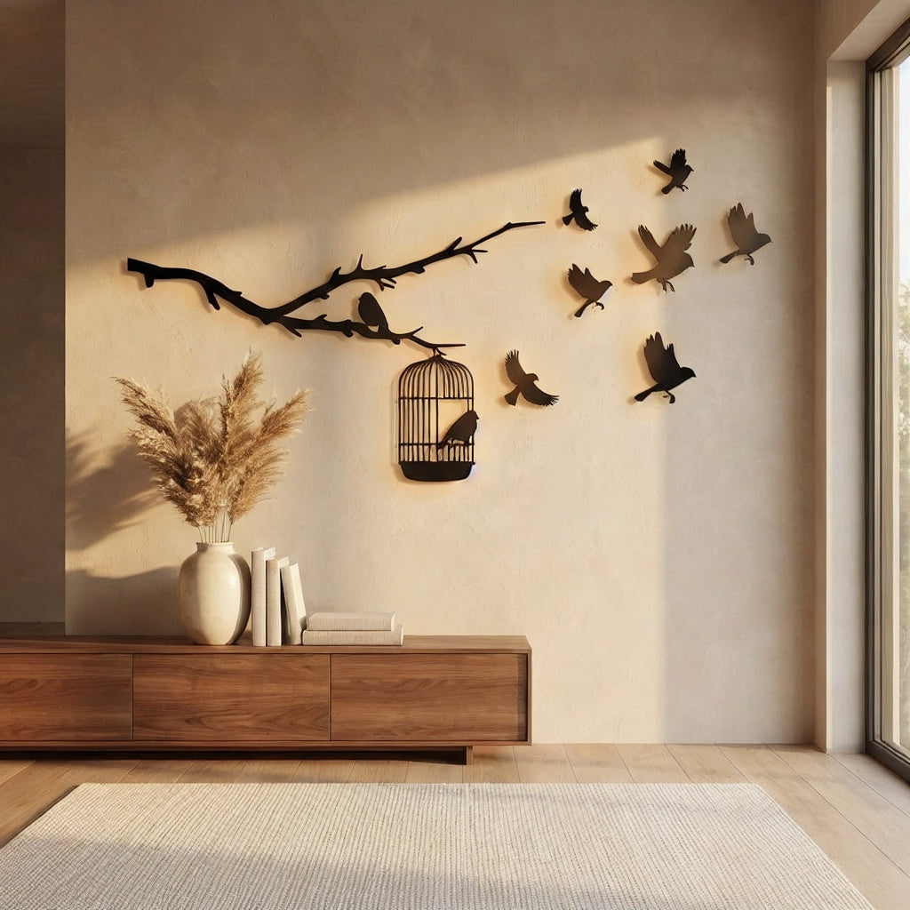 Birds on Branch with Cage Metal Wall Art