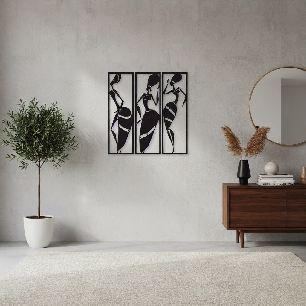 African Tribal Women Triptych Metal Wall Art