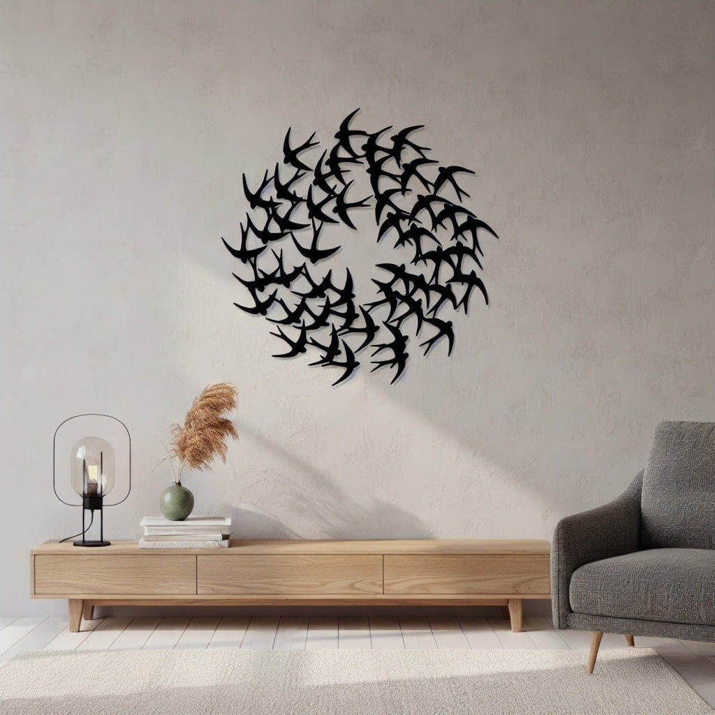 Swirling Bird Flock Circular Metal Wall Art