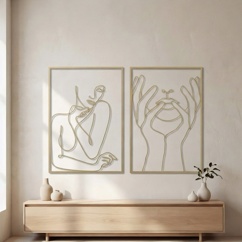 Minimalist One-Line Art Lips and Hands Metal Wall Decor Set