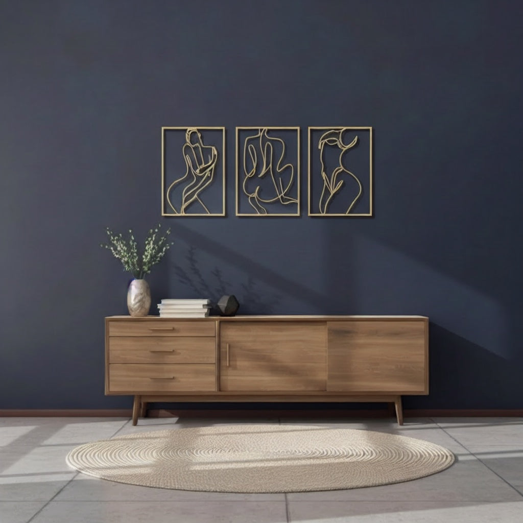 Minimalist Abstract Nude Female Form Metal Wall Art Triptych