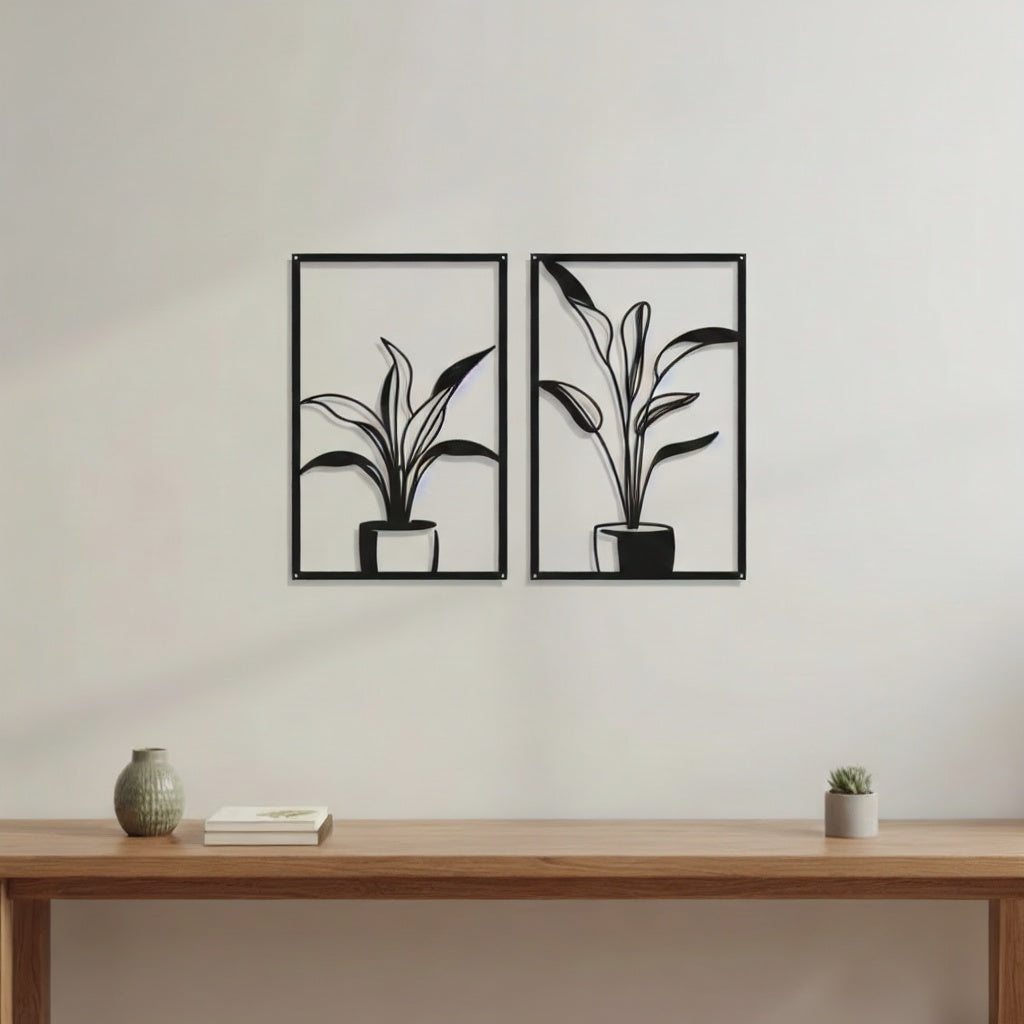 Minimalist Potted Plant Duo Metal Wall Art Panels