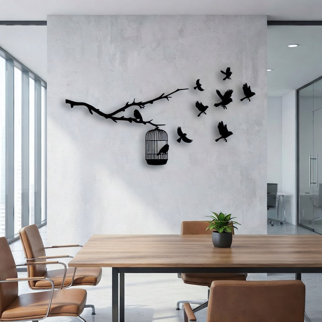 Birds on Branch with Cage Metal Wall Art