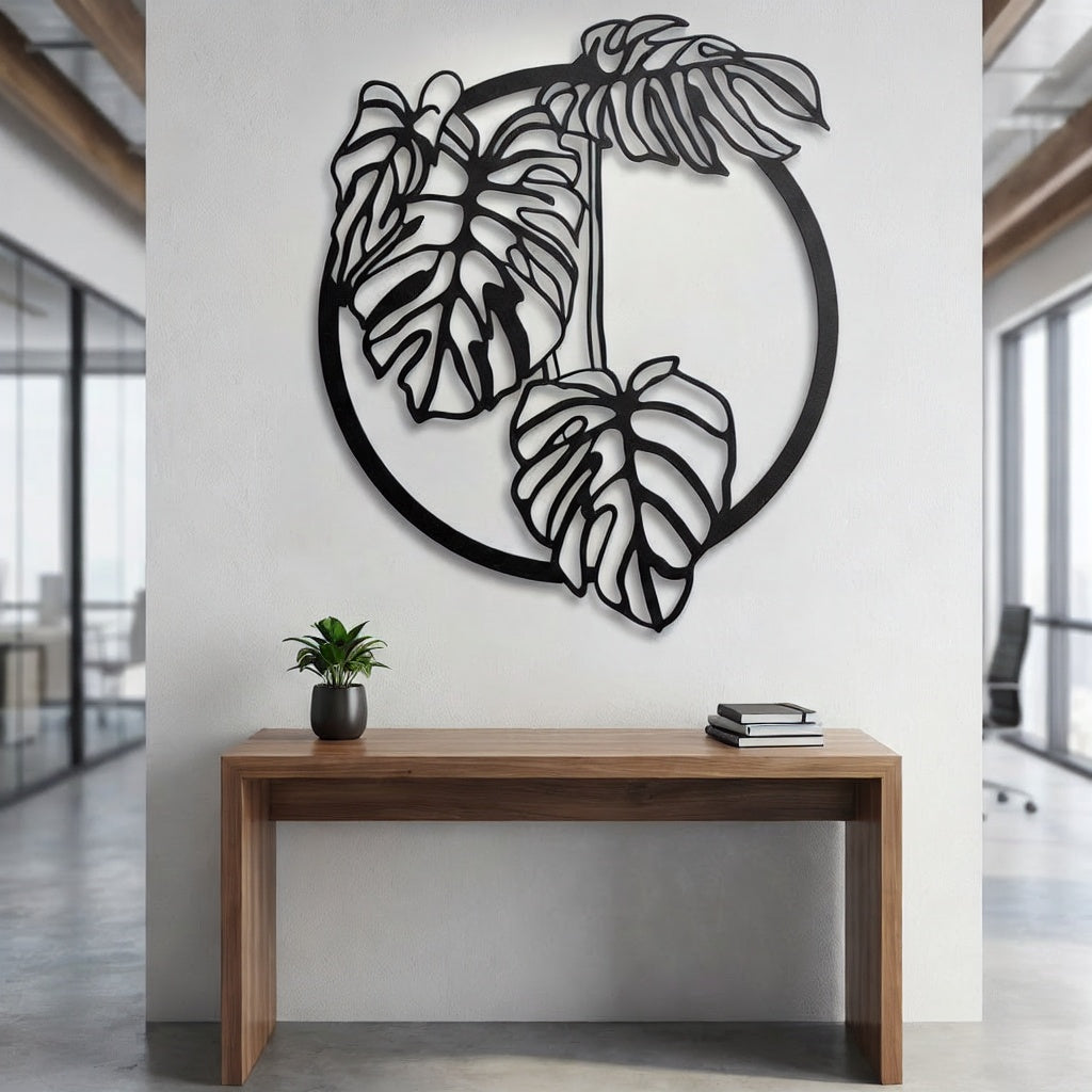 Tropical Monstera Deliciosa Leaf Circular Metal Wall Art