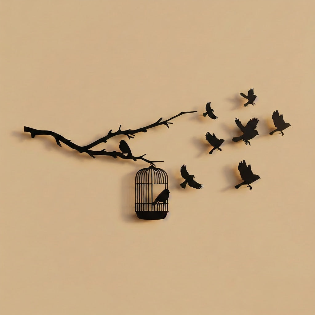 Birds on Branch with Cage Metal Wall Art