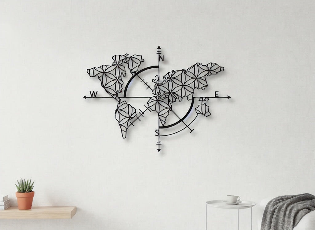 Geometric Compass World Map Metal Wall Art