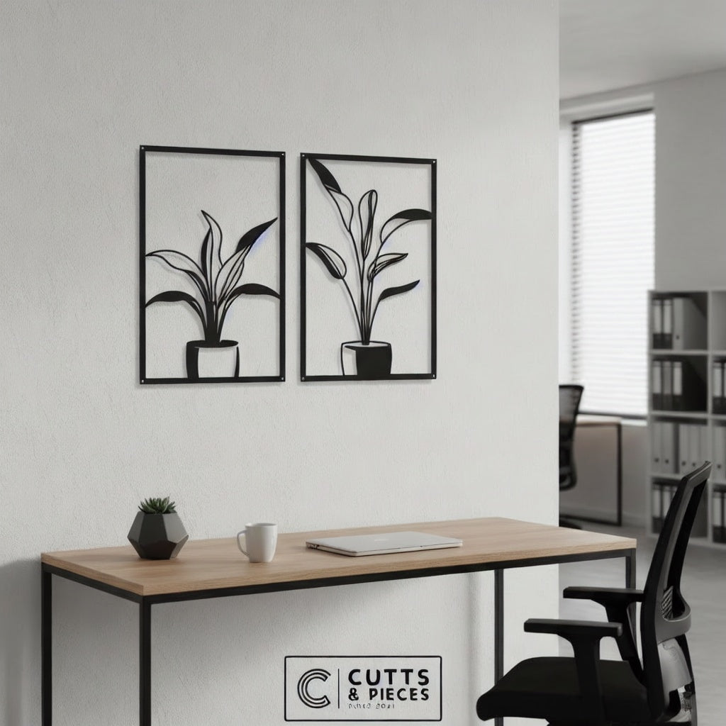 Minimalist Potted Plant Duo Metal Wall Art Panels