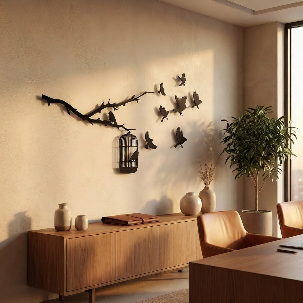 Birds on Branch with Cage Metal Wall Art