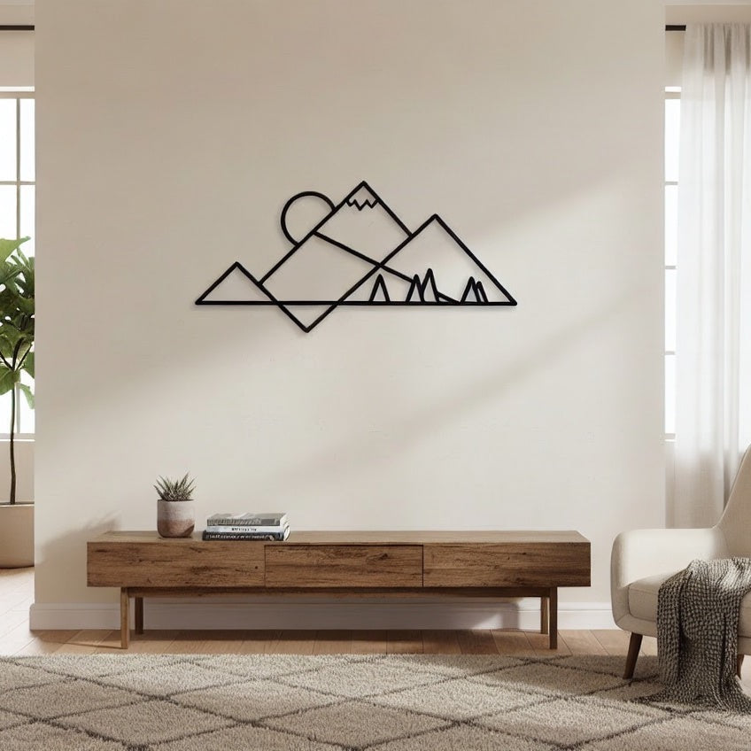 Minimalist Mountain Peaks and Sun Metal Wall Art