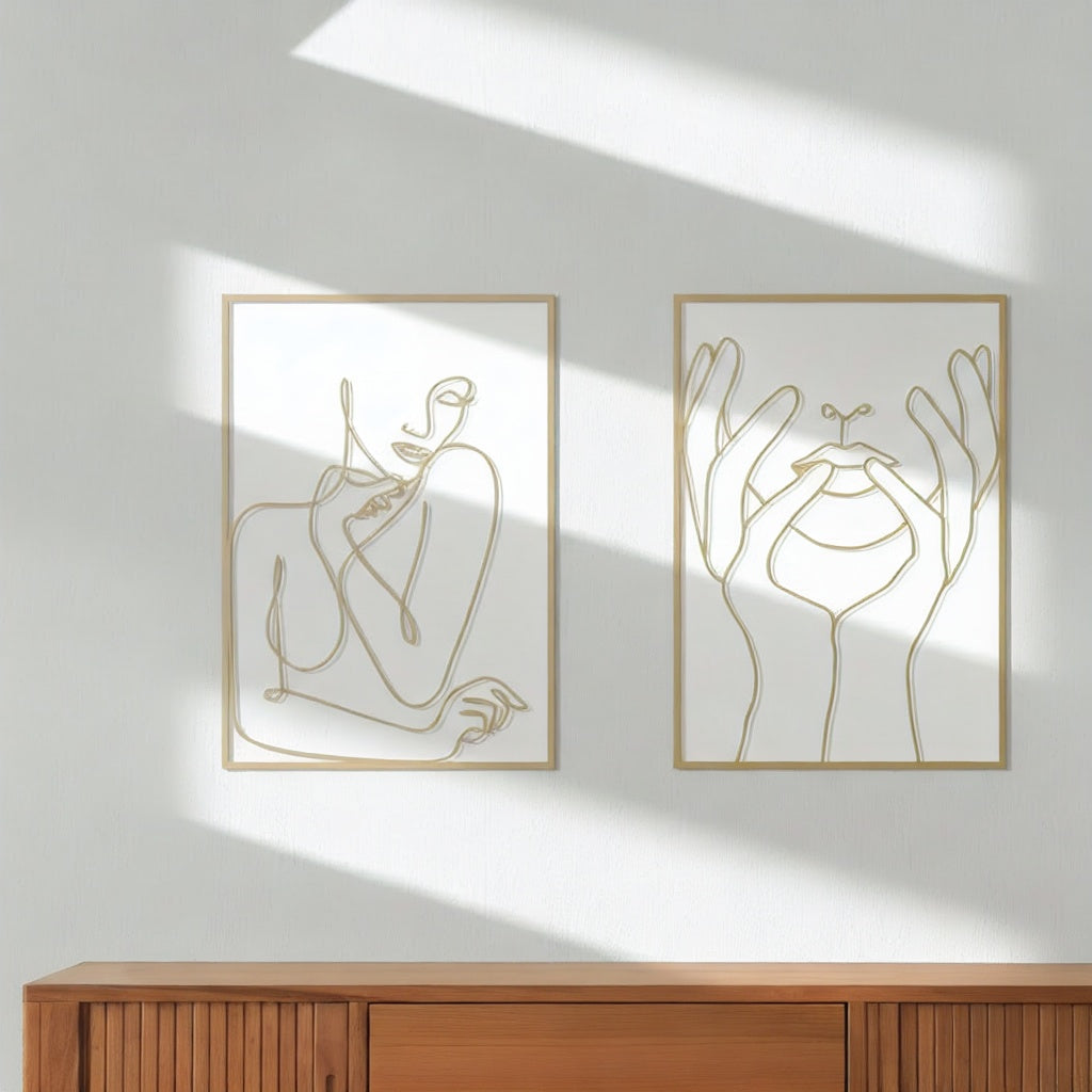 Minimalist One-Line Art Lips and Hands Metal Wall Decor Set