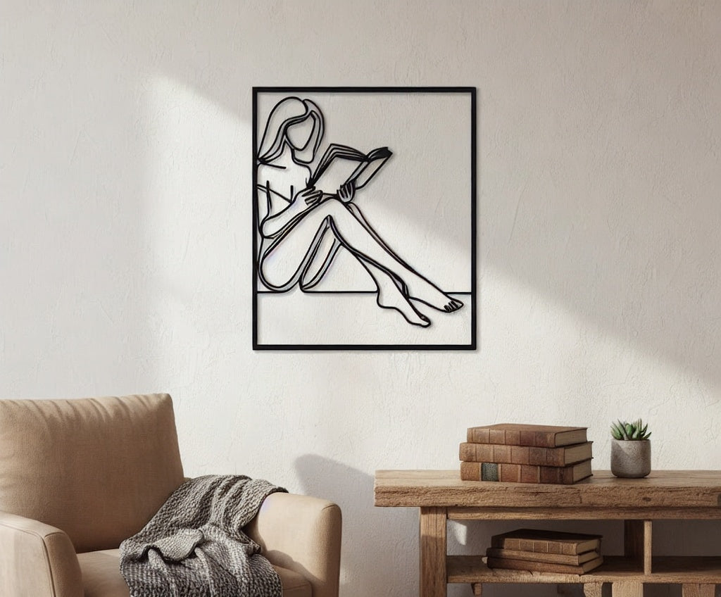 Minimalist Reading Woman Metal Wall Art
