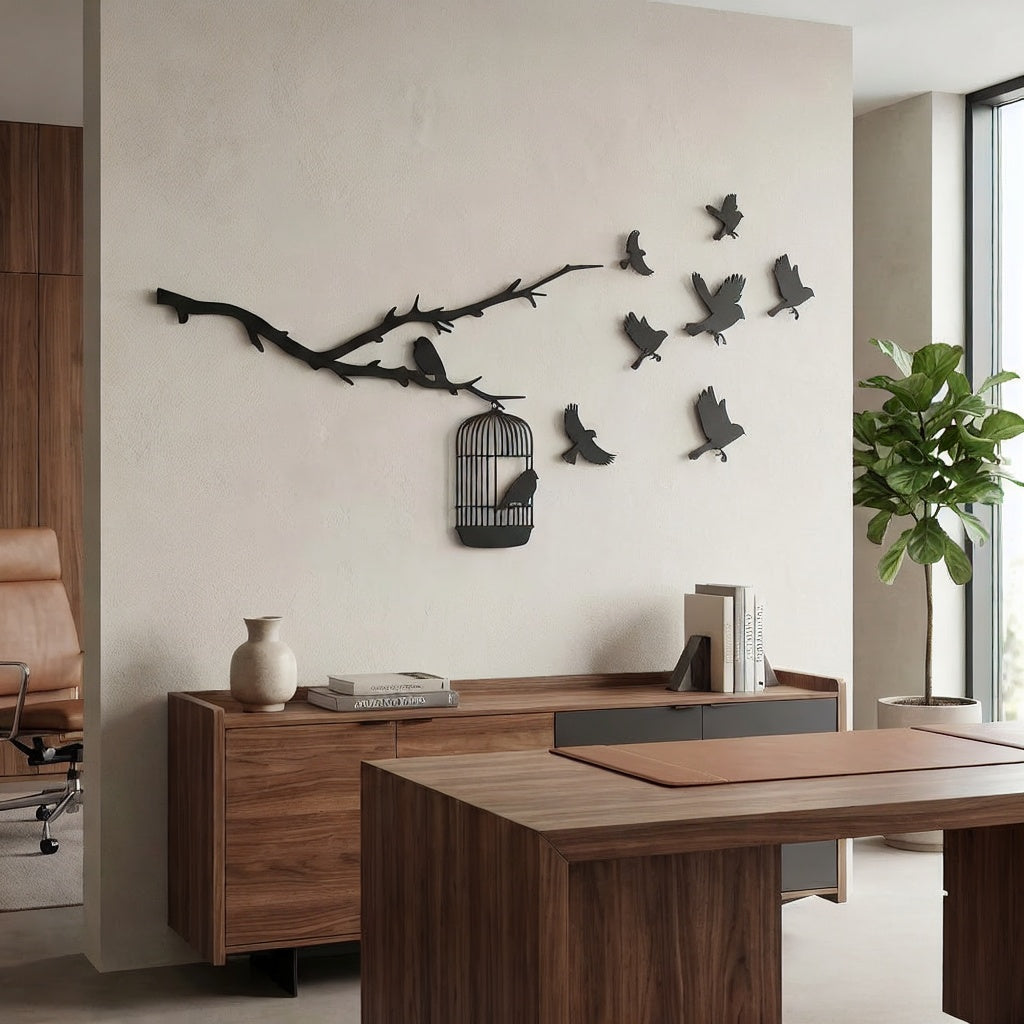 Birds on Branch with Cage Metal Wall Art
