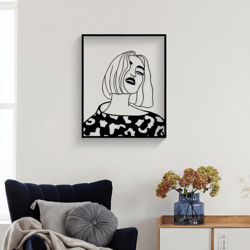 Modern Chic Woman with Bob Cut Metal Wall Art