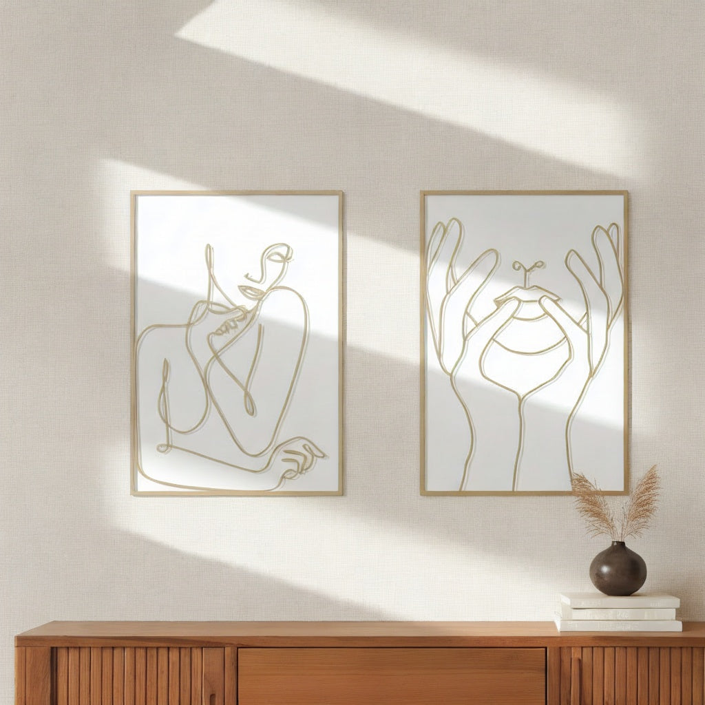 Minimalist One-Line Art Lips and Hands Metal Wall Decor Set
