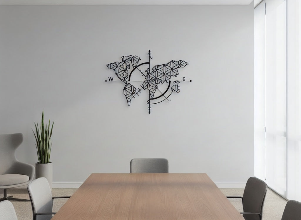 Geometric Compass World Map Metal Wall Art