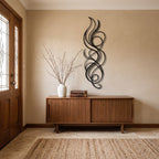 Abstract Flame Swirl Vertical Metal Wall Art above a walnut console in an entrance hall
