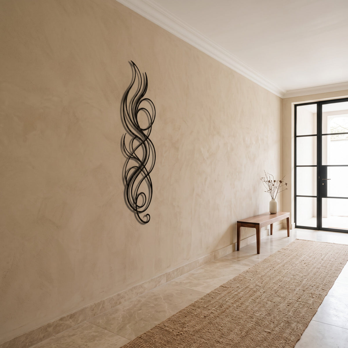 Abstract Flame Swirl Vertical Metal Wall Art, side view on an entrance hall wall with soft shadow