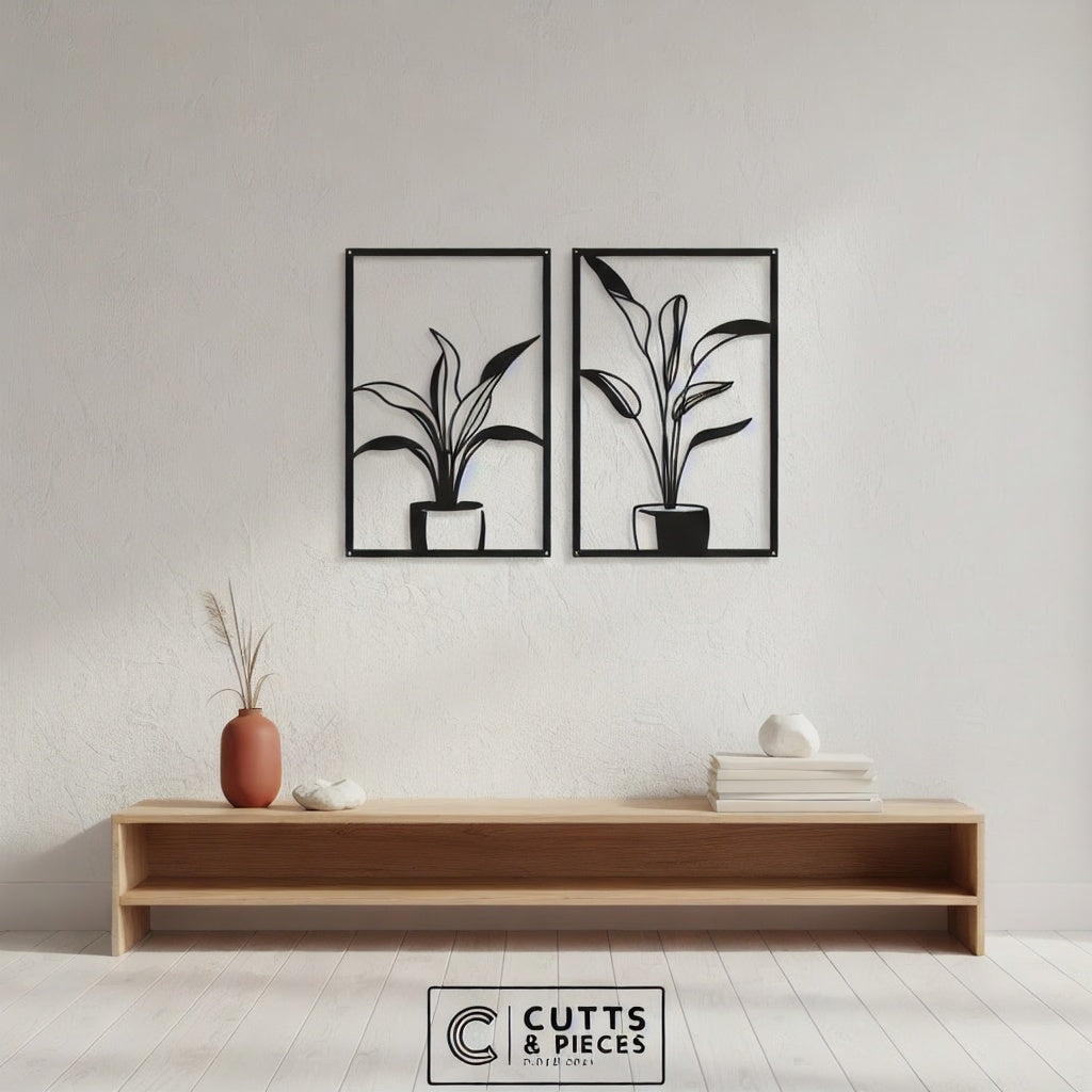 Minimalist Potted Plant Duo Metal Wall Art Panels