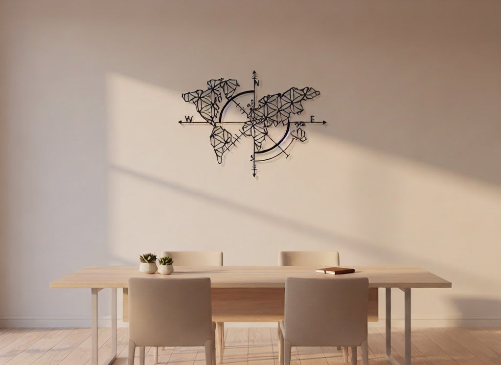 Geometric Compass World Map Metal Wall Art