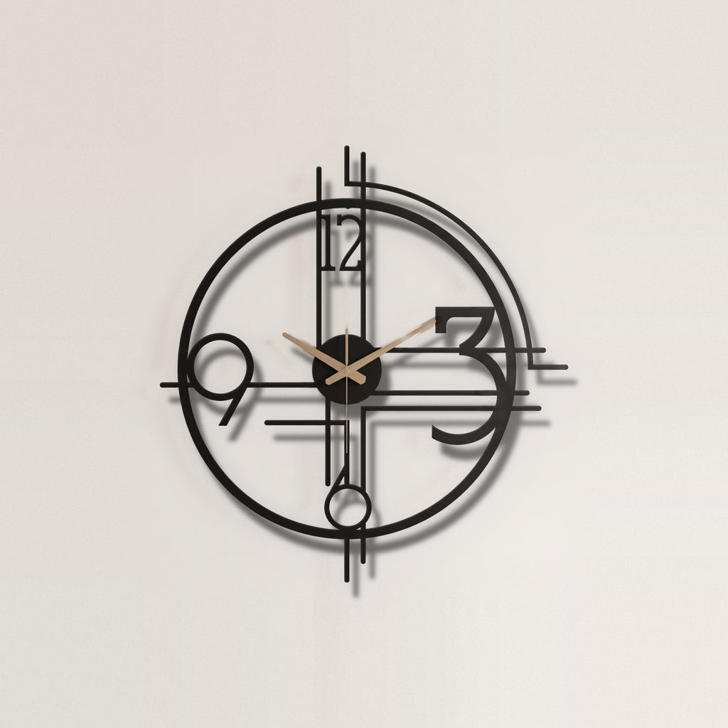 Art Deco Geometric Numerals Metal Wall Clock on a plain wall, laser-cut steel