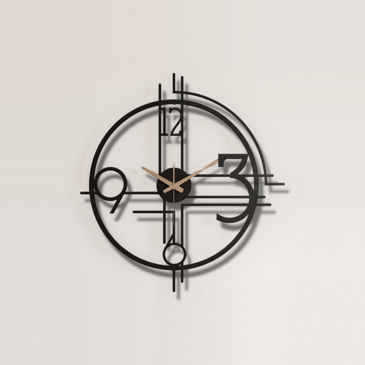 Art Deco Geometric Numerals Metal Wall Clock on a plain wall, laser-cut steel