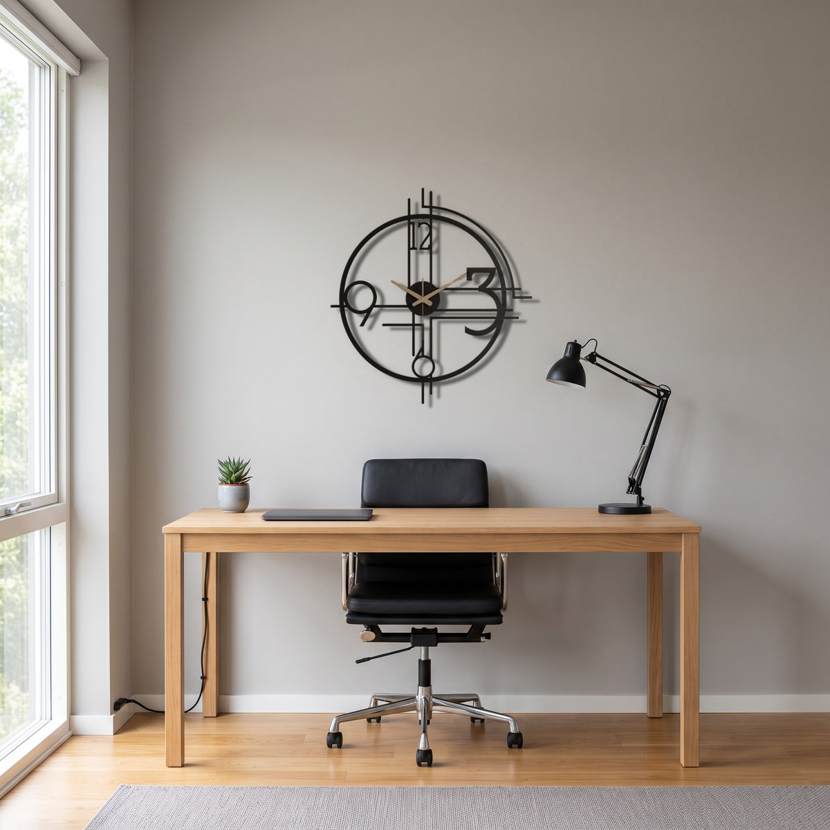 Art Deco Geometric Numerals Metal Wall Clock in a modern office