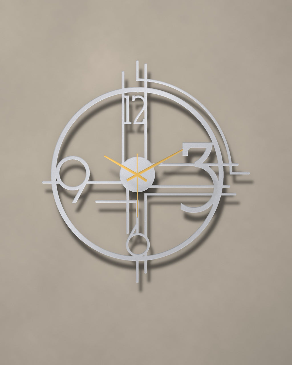 Art Deco Geometric Numerals Metal Wall Clock in Silver with Gold hands
