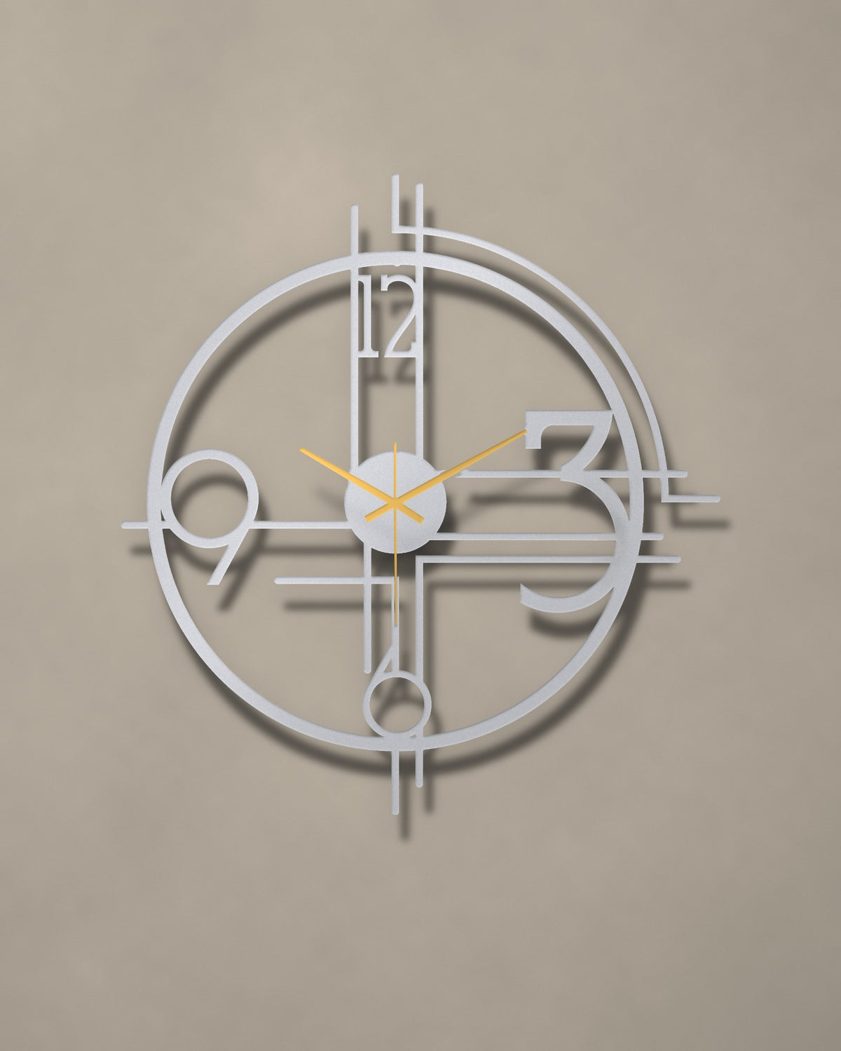 Art Deco Geometric Numerals Metal Wall Clock in Silver with Gold hands