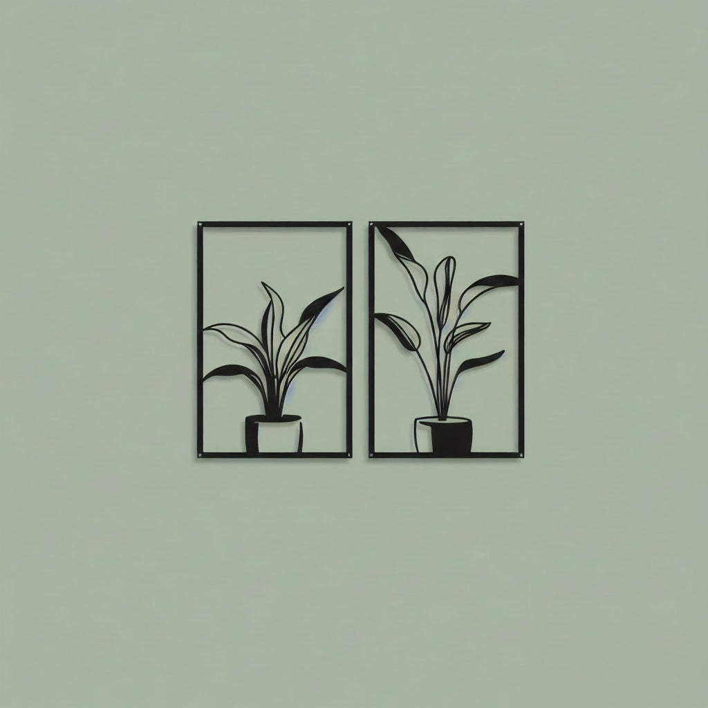 Minimalist Potted Plant Duo Metal Wall Art Panels