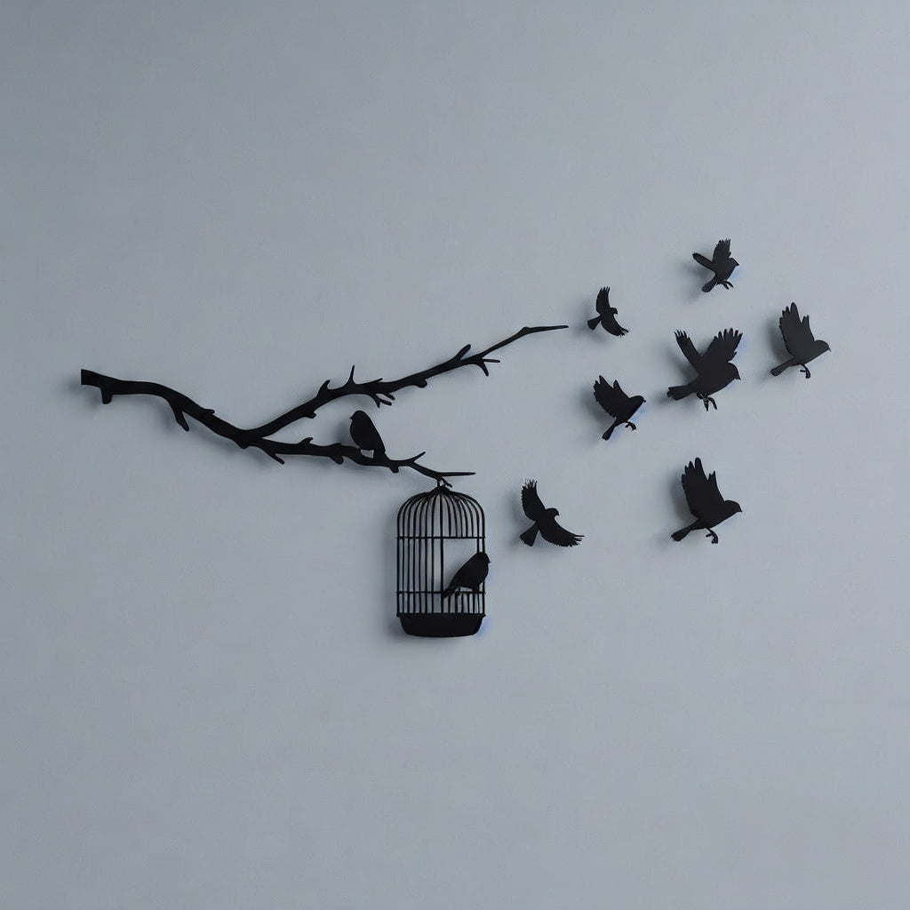 Birds on Branch with Cage Metal Wall Art