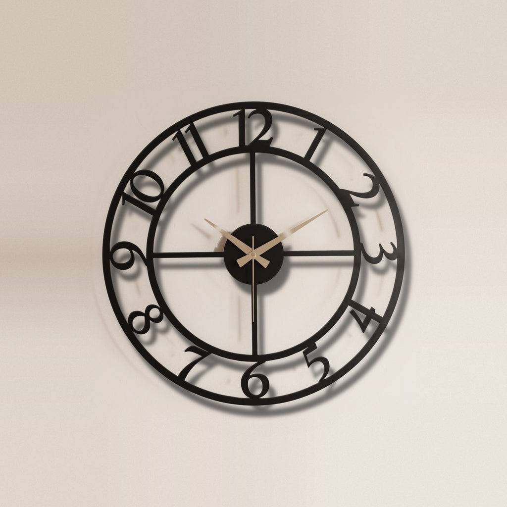 Bold Numbers Skeleton Metal Wall Clock on a plain wall, laser-cut steel