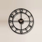 Bold Numbers Skeleton Metal Wall Clock on a plain wall, laser-cut steel