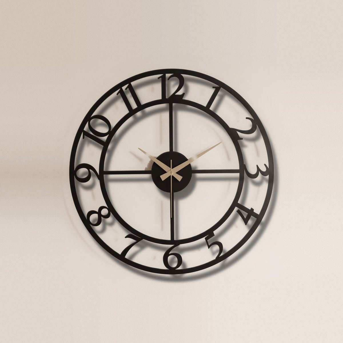 Bold Numbers Skeleton Metal Wall Clock on a plain wall, laser-cut steel