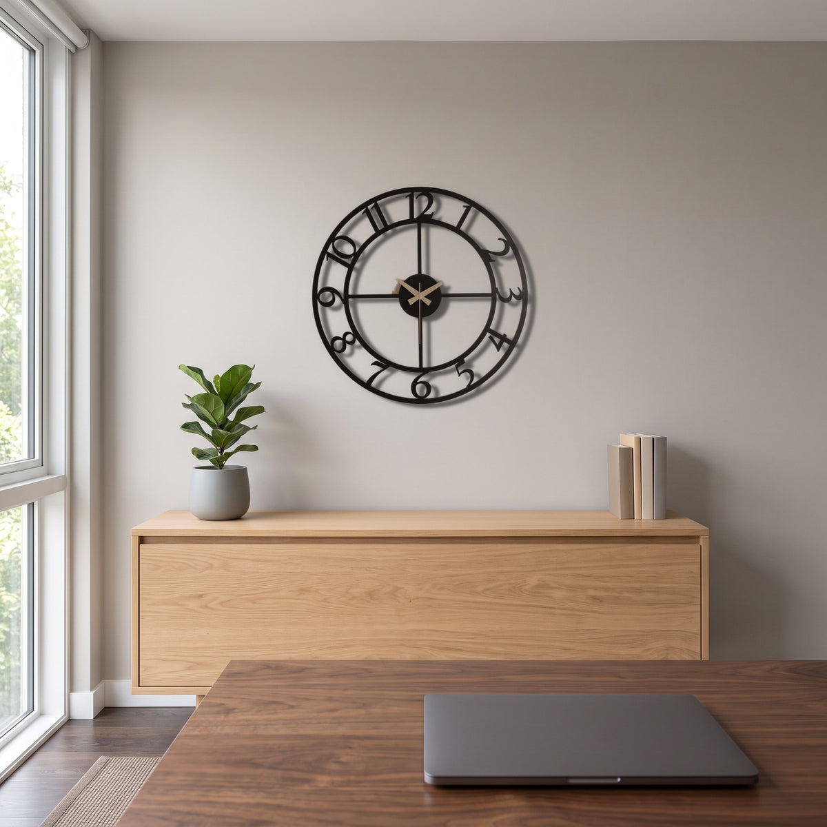 Bold Numbers Skeleton Metal Wall Clock in a modern office